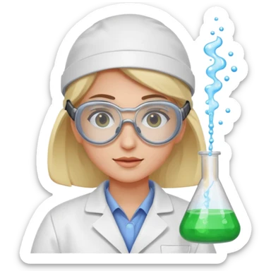 A person wearing safety goggles and a white coat is experimenting with chemicals. sticker