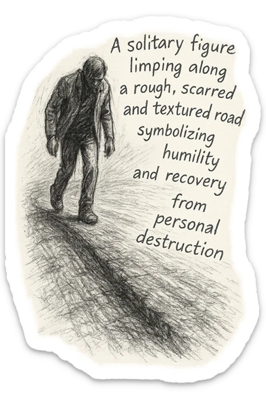 black and white pencil sketch of a solitary figure limping along a rough, scarred, and textured road symbolizing humility and recovery from personal destruction, dramatic lighting, poem text integrated into the sketch flowing along the road or around the figure in a handwritten or sketched style, no background sticker