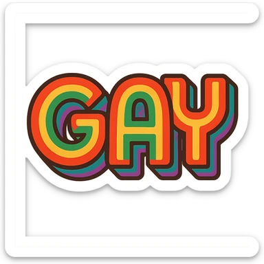 the word GAY in a retro 70s font with rainbow stripes sticker