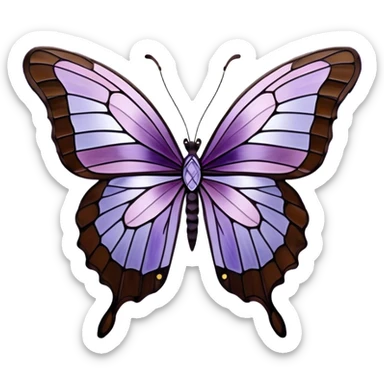 a stunningly detailed butterfly with lilac and ice-purple wings, adorned with an elegant mosaic-like pattern resembling stained glass. The wings should display a harmonious blend of swirling and geometric designs, giving them a mystical and artistic feel. The butterfly should have a graceful, elongated body with a subtle metallic sheen, enhancing its enchanting presence. sticker