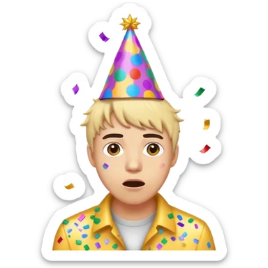 a person popping a confetti and wearing a party hat, but with a nervous expression  sticker