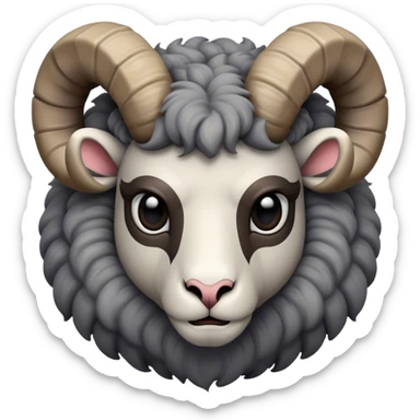 Cinematic Noble Ram Portrait Emoji, Poised and regal, with a sturdy, powerful build and a thick, woolly grey fur adorned with impressively curled horns, deep-set soulful dark eyes, Simplified yet sharp and sophisticated features, highly detailed, glowing with a soft, dignified glow, high shine, intelligent and commanding, stylized with an air of rugged majesty, focused and attentive, soft glowing outline, capturing the essence of a watchful and confident ram, so majestic it feels as though it could charge out of the screen with effortless authority! sticker