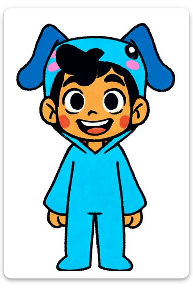 Keep the picture quality and style exactly the same as the original image. Change the character's expression to a happy look, maintaining the same style and details. sticker