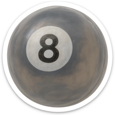 pool billiards 8-ball, retro 90's toy style, very transparent, slightly see-through, black with white circle and number 8, soft plastic texture, soft reflections, soft and squishy, some cloudiness, not shiny, highly detailed, appealing, no tag, no background sticker