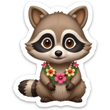 A cute chibi playful raccoon wearing a hawaiian flower necklace, looking festive. sticker