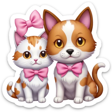 dog and a cat together with a pink bow cute sticker