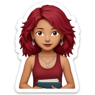 a pretty tan indian bratz girl with messy dark wavyred hair, wearing a dark red tank top, layered silver necklaces. Carrying multiple sketchbooks and pens sticker