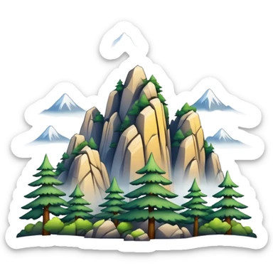 Yellow Mountain Huangshan misty peaks, simplified emoji style with bold outlines and bright colors, cartoon style mountain peaks with pine trees sticker