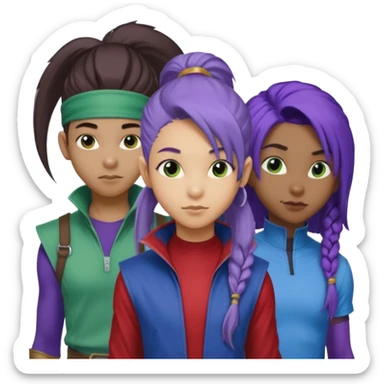 Solo poly platonic relationship, one African girl, one Asian boy, one biracial features Asian tomboy girl rat-tail hair long and upper masculine hair 90s, vampire and marvel cosplay elements inspired  use marvel race, like instead of obvious human, green purple blue etc,  sticker