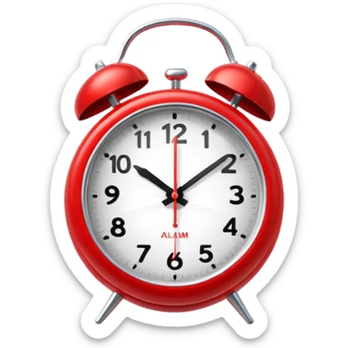 “Classic alarm clock emoji ⏰ in clean 3D style, smooth rounded clock body, bright red color, shiny metallic bells, ultra-glossy plastic texture, reflective surface, clear clock face with simple hands, soft studio lighting, subtle highlights, cute emoji proportions, ultra-polished 3D look,  sticker