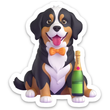 bernese mountain dog with a toy champagne bottle in its mouth, looking up sticker