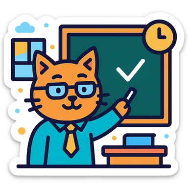 cat teacher writing on a blackboard with chalk, classroom background, cheerful and lively feeling, color outline icon style sticker