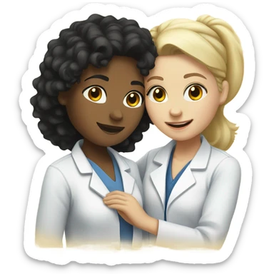 a black curly hair woman doctor hug a blonde straight hair girl  sticker