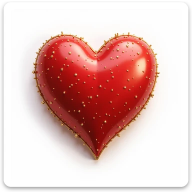 photorealistic red heart with sparkles and gold outline, glossy finish, white clean background sticker