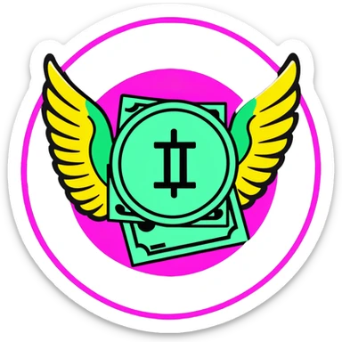 Minimalist sticker with white 'tt' letters on a black circle with cyan, magenta, and yellow dots below, money with wings emoji with street style influence sticker