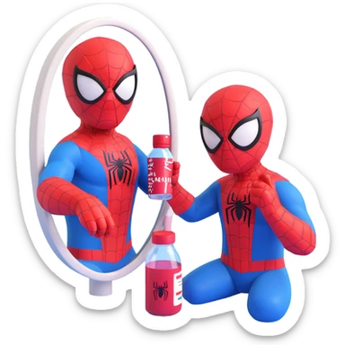 Spiderman holding a bottle of moisturizer, looking in a mirror, fun and casual sticker