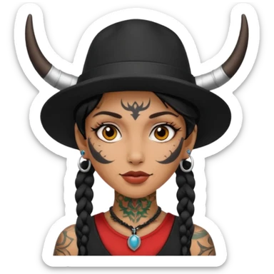 Woman with small horns — black hat, face tattoos sticker