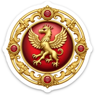 Golden griffin crest / brosch in a circle with red gems and no background sticker