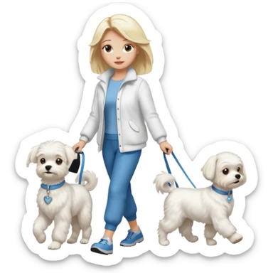 blonde woman wearing white, walking a maltese dog. sticker