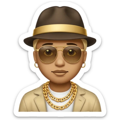 gangster emoji, tough expression, gold chain, sunglasses, hat sticker