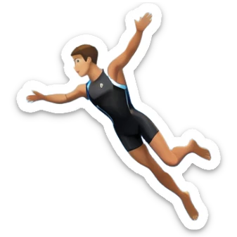 A diver mid-air, plunging from a high cliff into the sparkling ocean below. The background features rugged cliffs, clear blue water, and a bright sky, emphasizing the excitement and danger of the sport with a sense of freedom and adventure. sticker