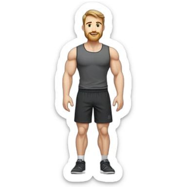 Full height Pale skinned fit man With biceps, Realistic eyes and mouth, light brown hair and stubble In dark gray sleeveless mike, black oversize sports shorts, watch and white sneakers. sticker