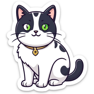 Female Tuxedo domestic short hair, more white than black similar to a cow, green/gold eyes sticker