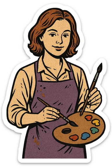 Serene female oil painter, Caucasian features, shoulder-length auburn hair, soft brown eyes, gentle smile, wearing a violet painter’s apron lightly stained with paint over a beige blouse, holding a wooden palette with vibrant colors in one hand and a brush in the other, waist-up, front-facing sticker