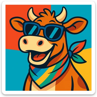cartoon cow with big sunglasses and colorful neckerchief, cheerful expression, vibrant toon sticker