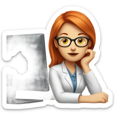 red hair woman nutritionist wearing glasses with hand on chin having an good idea monitor desk sticker