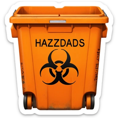 empty orange BIN WITH "hazardous WASTE" WORD IN IT sticker