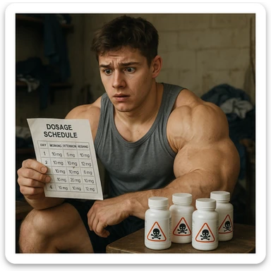 realistic young athlete with disproportionate muscles, surrounded by bottles of drugs with danger symbols, worried expression, dosage chart with obvious errors, messy room background, 4K quality sticker