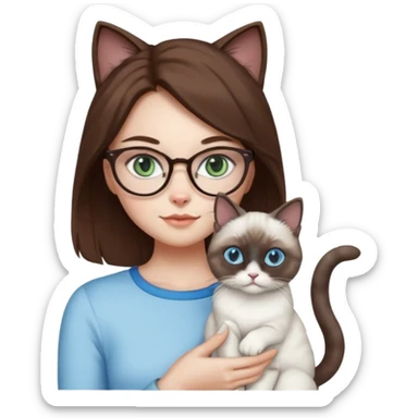 O data cu parul saten ,ochii griji-albastrii ,ochelari și codițe de pisica ..și langa o pisicuță alba pufoasa ,cu ochii verzi și o a doua pisica siameza pufoasa cu capul maro -negru și coada ,restul corpului un maro deschis spre alb  , ochii albaștrii  sticker