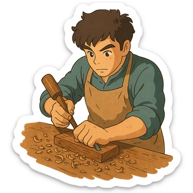skilled artisan carving wood, ghibli style sticker
