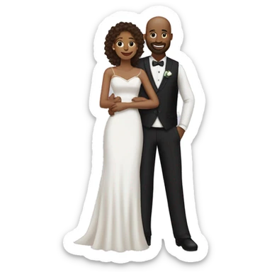 Black bald man with a beard and his wife with long, brown, curly hair on their wedding day sticker