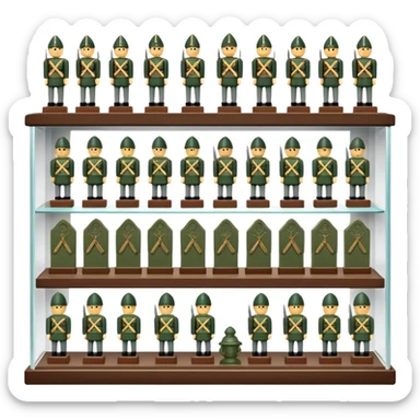 Icon for Miniature Collecting: a collection of finely detailed miniature items such as tiny army of soldiers, figurines and accessories, neatly displayed on a shelf or in a display case. The icon should convey the intricacy and charm of collecting miniature objects. Transparent background. sticker