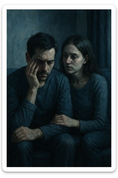 Vertical format: A couple sitting on a sofa, the man immersed in his negative thoughts, the woman seeming to absorb his energy, tense atmosphere, cool colors. sticker