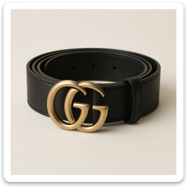 a Gucci belt, coiled with visible GG buckle, black leather, luxury branding, minimalistic style sticker