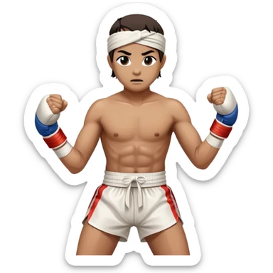 ​Cinematic Realistic Traditional Muay Thai Fighter, depicted in authentic attire featuring white bandaged gloves wrapped around his fists, a traditional headband tied neatly, and classic Muay Thai shorts, captured in a dynamic fighting stance under dramatic, high-energy lighting that highlights the raw power and elegance of the art, sticker