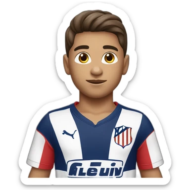 Niño piel blanca de 6 años, pelo marrón liso y corto, ojos marrones  con camiseta del Atlético de Madrid sticker