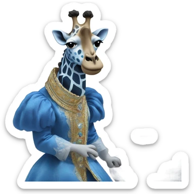 A fully blue furred giraffe is singing opera in a large fancy opera embroidered dress sticker