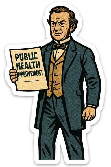 the full image of a middle aged victorian politician holding a document in his right hand which reads 'Public Health Improvement'. sticker