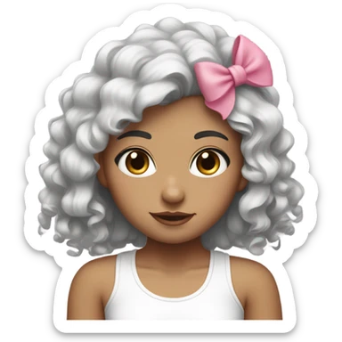 girl with a pink bow and dark brown curly hair wearing a white tank top. Black eye colour. sticker
