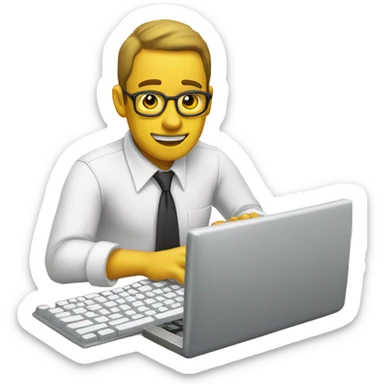 yellow skin man typing on keyboard wearing white button down shirt seating on desk front view sticker
