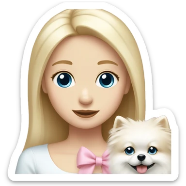 Blond girl white skin blue eyes hugging white Pomeranian with light pink bow sticker