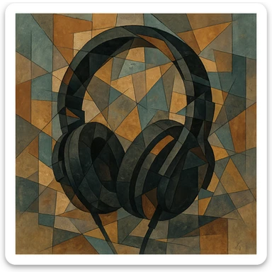 black gothic headphones with fragmented shapes and dark accents, cubist abstraction style sticker