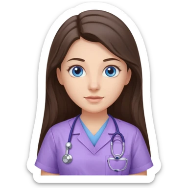 pretty brunette nurse with long hair and blue eyes in lilac scrubs sticker