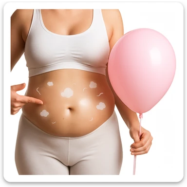 Realistic style edit of the woman identical to the photo with a swollen and protruding abdomen. Add symbols of bloating like small clouds, curved lines, or a glow around the abdomen area. sticker