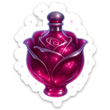 rose-shaped luxurious elixir bottle, deep pink color, iridescent and silver details, very small neck, seamless bottom, transparent background, floating, no base or shadow, modern, matching a collection, extra intense magical glowing and sparkling effects sticker