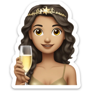 White girl with long dark brown hair and brown eye wearing a happy new year headband and holding a champagne glass sticker